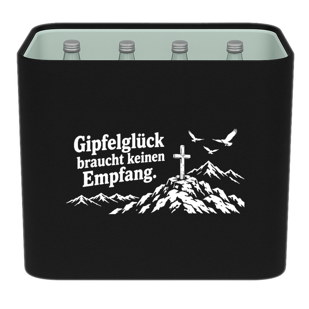 KistenBlende „Gipfelglück braucht keinen Empfang.“ – Wasserkiste für Glasflaschen, schwarze Filzblende mit Motiv.