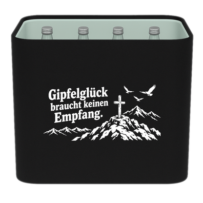 KistenBlende „Gipfelglück braucht keinen Empfang.“ – Wasserkiste für Glasflaschen, schwarze Filzblende mit Motiv.