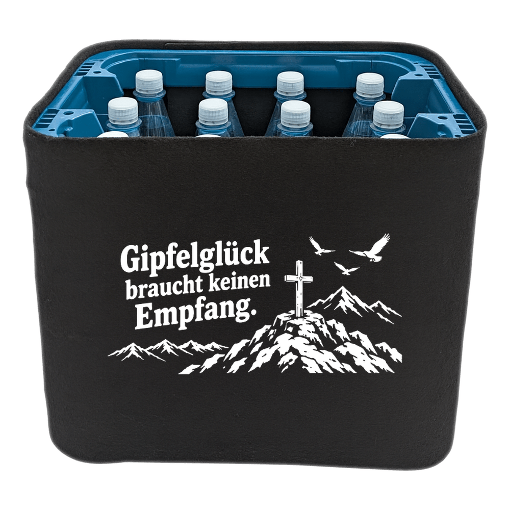 KistenBlende „Gipfelglück braucht keinen Empfang.“ – Wasserkiste für PET-Flaschen, schwarze Filzblende mit Motiv.