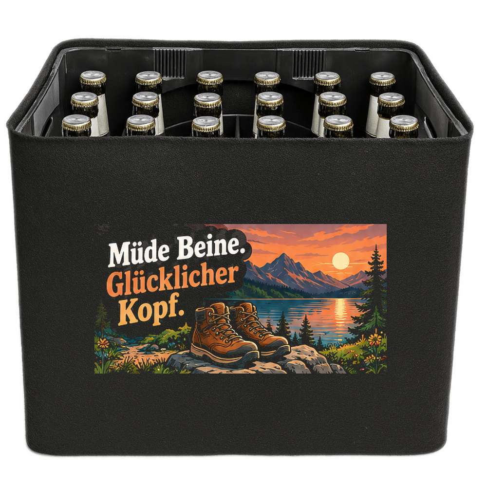 KistenBlende „Müde Beine. Glücklicher Kopf.“ – Bierkasten 24 × 0,33 l, schwarze Filzblende mit Motiv.