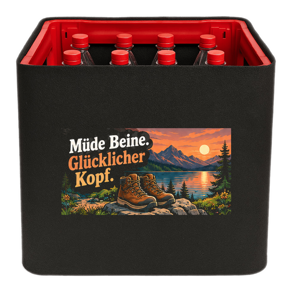 KistenBlende „Müde Beine. Glücklicher Kopf.“ – Limonadenkiste für PET-Flaschen, schwarze Filzblende mit Motiv.