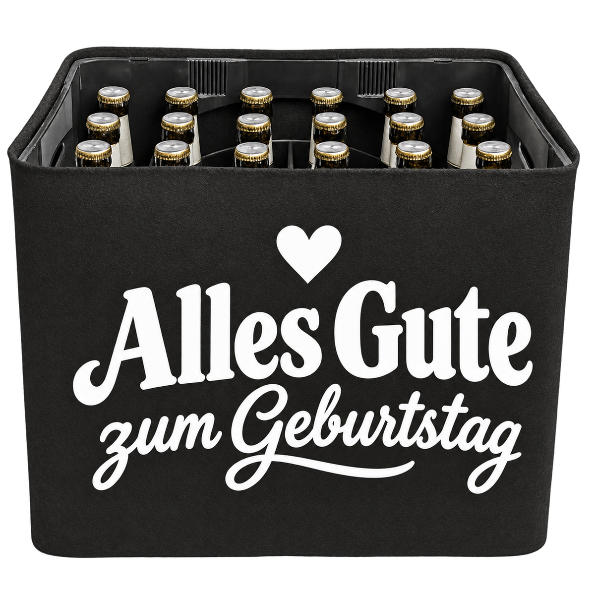 Schwarze KistenBlende mit weißem Geburtstagsmotiv „Alles Gute zum Geburtstag“ für Bierkästen; Ansicht für 20 × 0,5 l und 24 × 0,33 l.