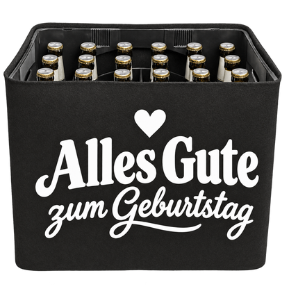 Schwarze KistenBlende mit weißem Geburtstagsmotiv „Alles Gute zum Geburtstag“ für Bierkästen; Ansicht für 20 × 0,5 l und 24 × 0,33 l.