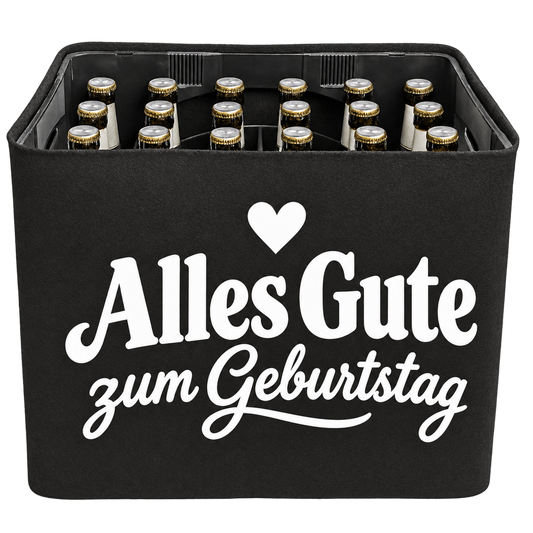 Schwarze KistenBlende mit weißem Geburtstagsmotiv „Alles Gute zum Geburtstag“ für Bierkästen; Ansicht für 20 × 0,5 l und 24 × 0,33 l.