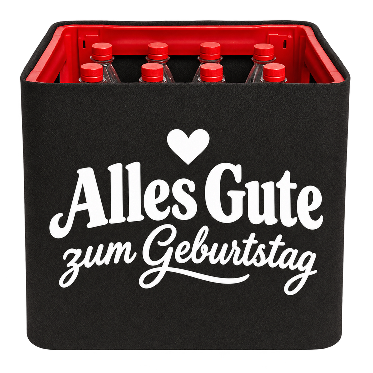 Schwarze KistenBlende für Limonadenkisten mit 12 × 1 l PET-Flaschen mit weißem Geburtstagsmotiv „Alles Gute zum Geburtstag“.