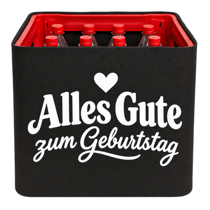 Schwarze KistenBlende für Limonadenkisten mit 12 × 1 l PET-Flaschen mit weißem Geburtstagsmotiv „Alles Gute zum Geburtstag“.