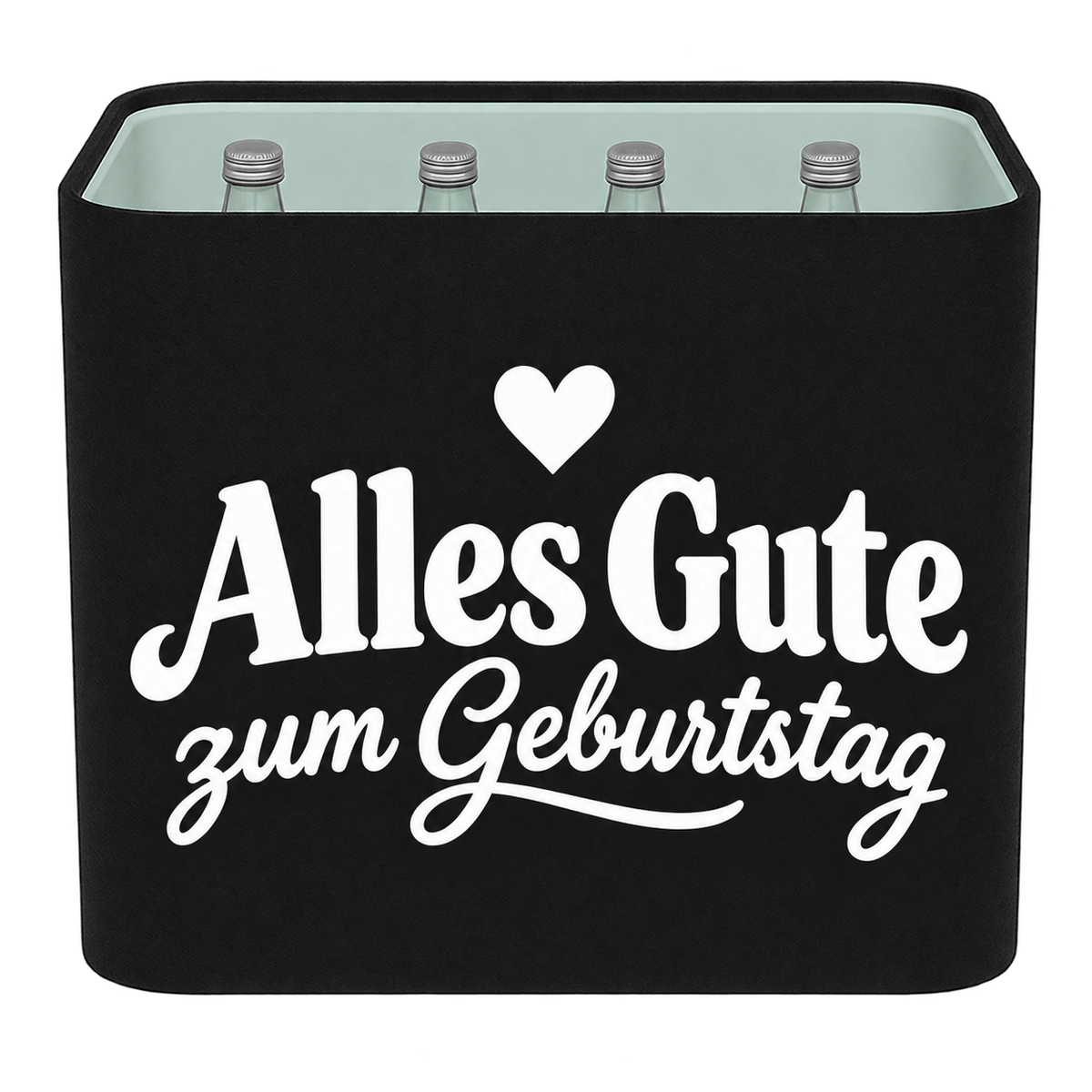 Schwarze KistenBlende für Wasserkisten aus Glas mit weißem Geburtstagsmotiv „Alles Gute zum Geburtstag“.