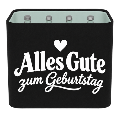 Schwarze KistenBlende für Wasserkisten aus Glas mit weißem Geburtstagsmotiv „Alles Gute zum Geburtstag“.