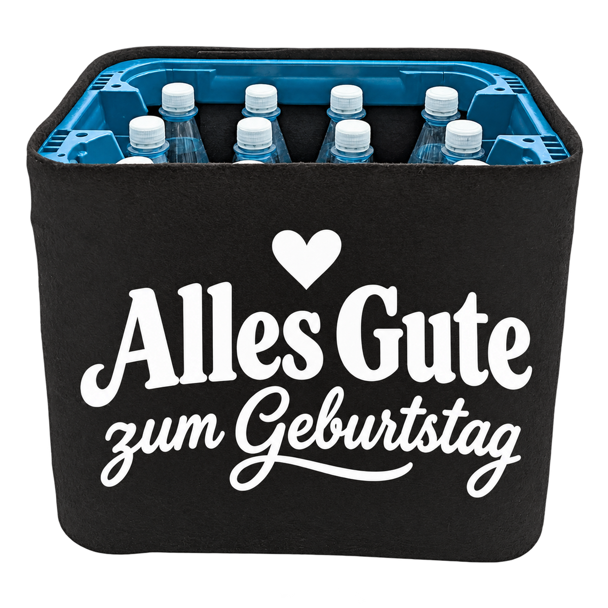 Schwarze KistenBlende für Wasserkisten mit 12 × 1 l PET-Flaschen mit weißem Geburtstagsmotiv „Alles Gute zum Geburtstag“.