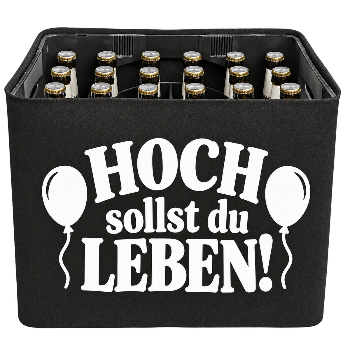 Schwarze KistenBlende mit weißem Geburtstagsmotiv „Hoch sollst du leben!“ für Bierkästen; Ansicht für 20 × 0,5 l und 24 × 0,33 l.