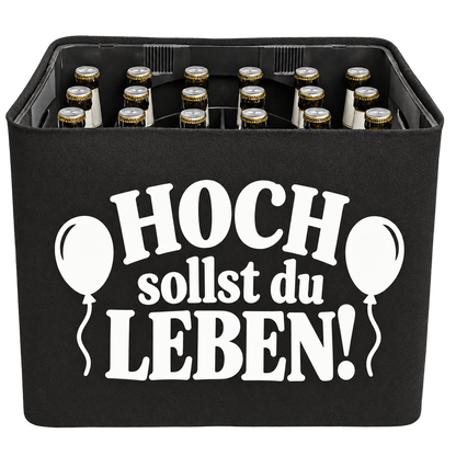 Schwarze KistenBlende mit weißem Geburtstagsmotiv „Hoch sollst du leben!“ für Bierkästen; Ansicht für 20 × 0,5 l und 24 × 0,33 l.