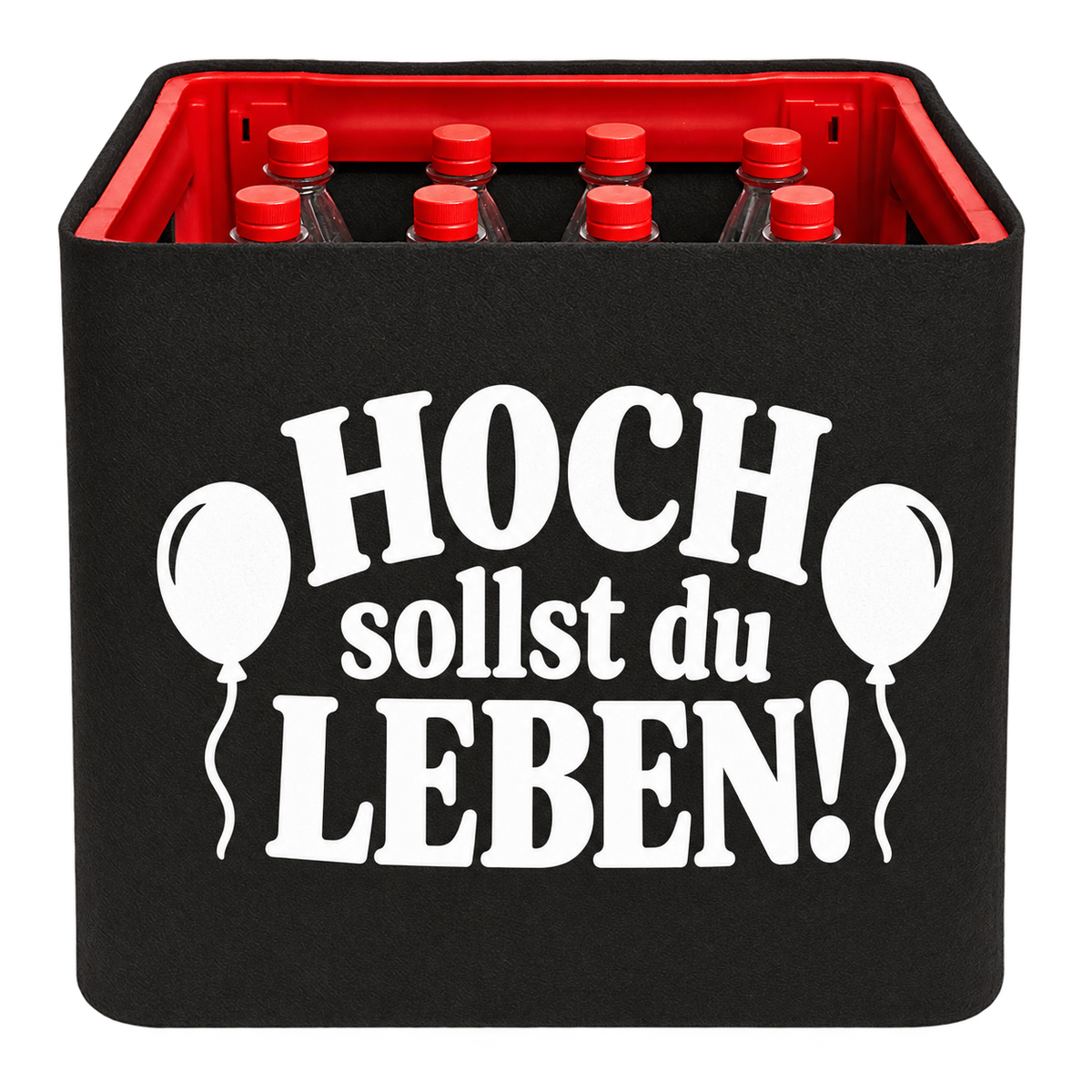 Schwarze KistenBlende für Limonadenkisten mit 12 × 1 l PET-Flaschen mit weißem Geburtstagsmotiv „Hoch sollst du leben!“.