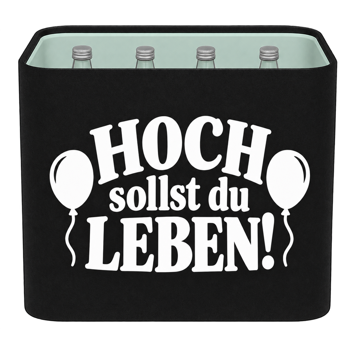 Schwarze KistenBlende für Wasserkisten mit 12 × 0,75 l Glasflaschen mit weißem Geburtstagsmotiv „Hoch sollst du leben!“.