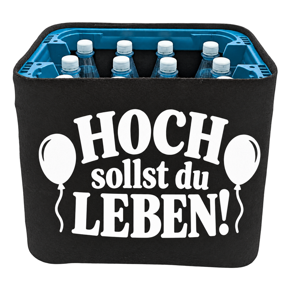 Schwarze KistenBlende für Wasserkisten mit 12 × 1 l PET-Flaschen mit weißem Geburtstagsmotiv „Hoch sollst du leben!“.