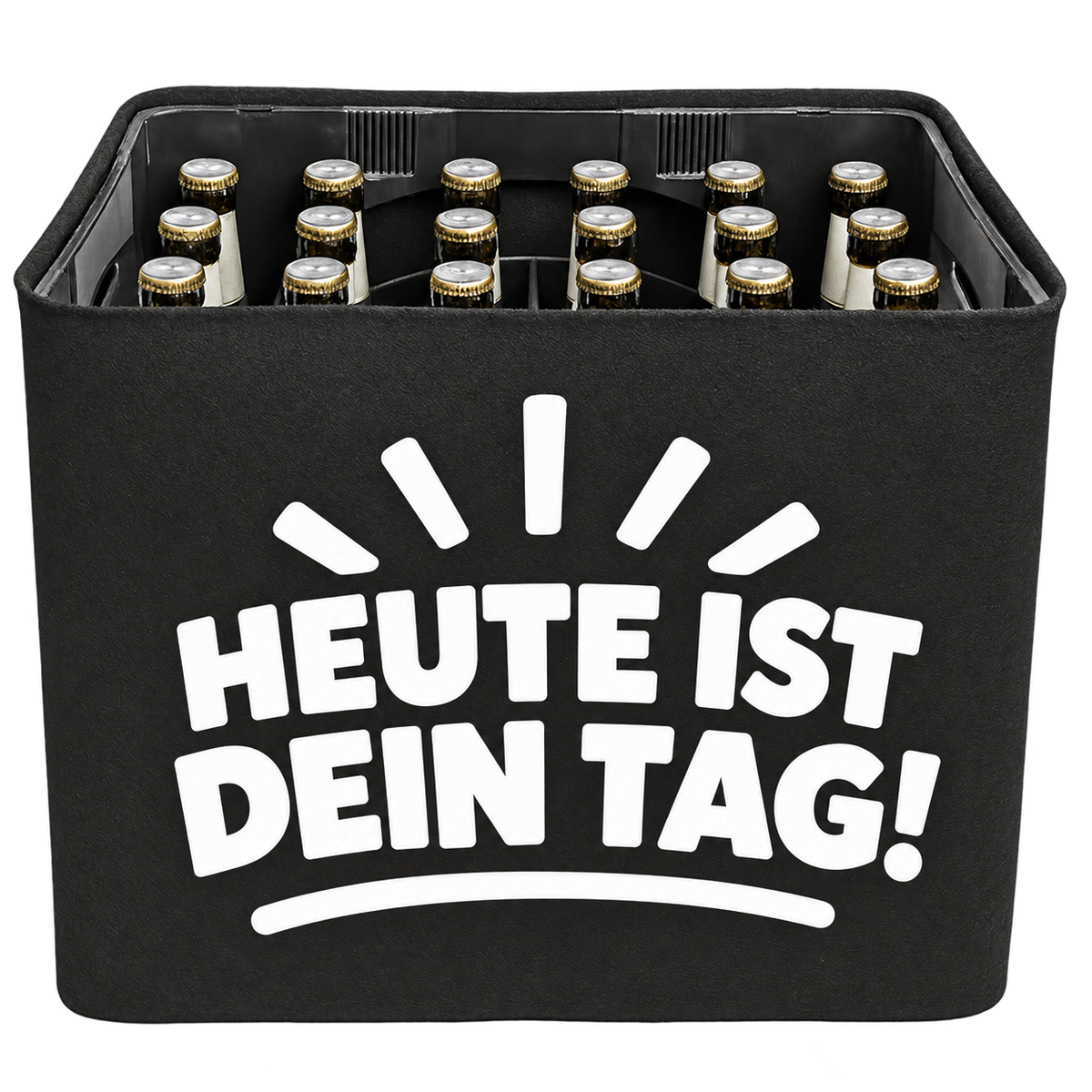 Schwarze KistenBlende mit weißem Geburtstagsmotiv „Heute ist dein Tag!“ für Bierkästen; Ansicht für 20 × 0,5 l und 24 × 0,33 l.