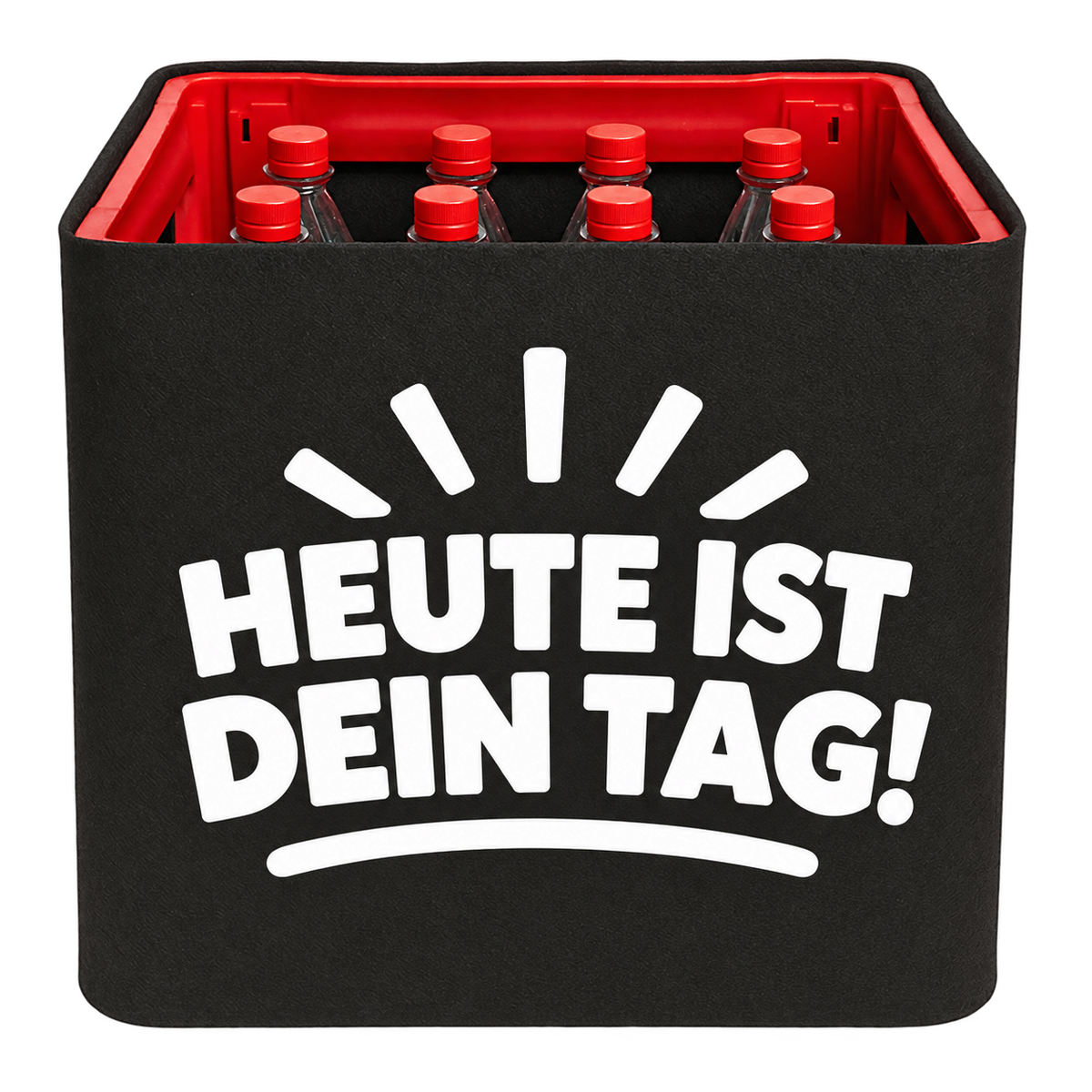 Schwarze KistenBlende für Limonadenkisten mit 12 × 1 l PET-Flaschen mit weißem Geburtstagsmotiv „Heute ist dein Tag!“.