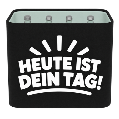 Schwarze KistenBlende für Wasserkisten mit 12 × 0,75 l Glasflaschen mit weißem Geburtstagsmotiv „Heute ist dein Tag!“.