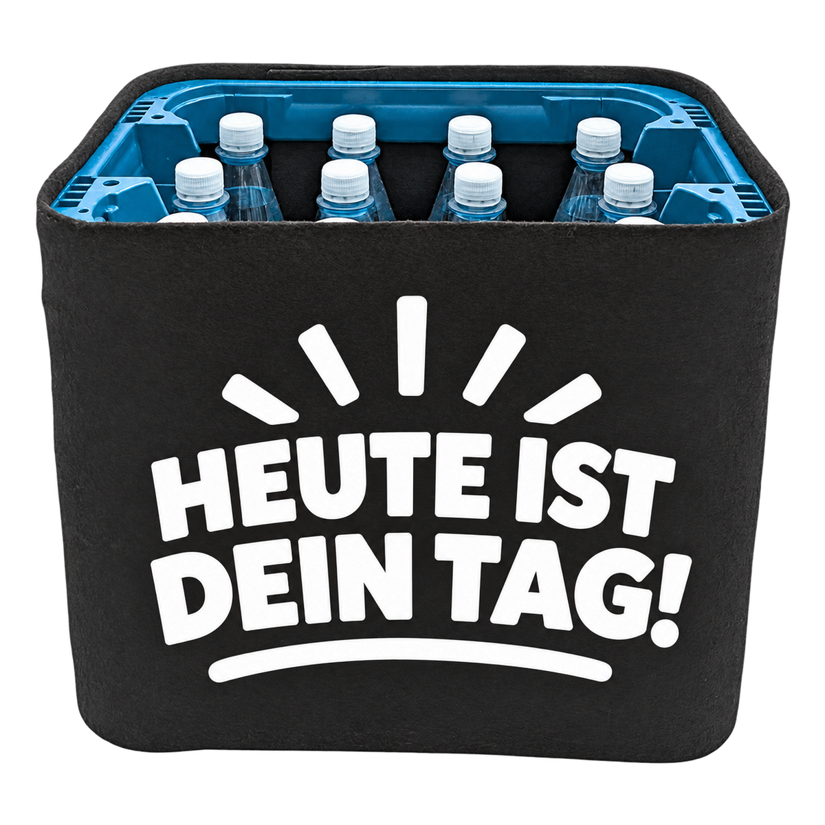 Schwarze KistenBlende für Wasserkisten mit 12 × 1 l PET-Flaschen mit weißem Geburtstagsmotiv „Heute ist dein Tag!“.