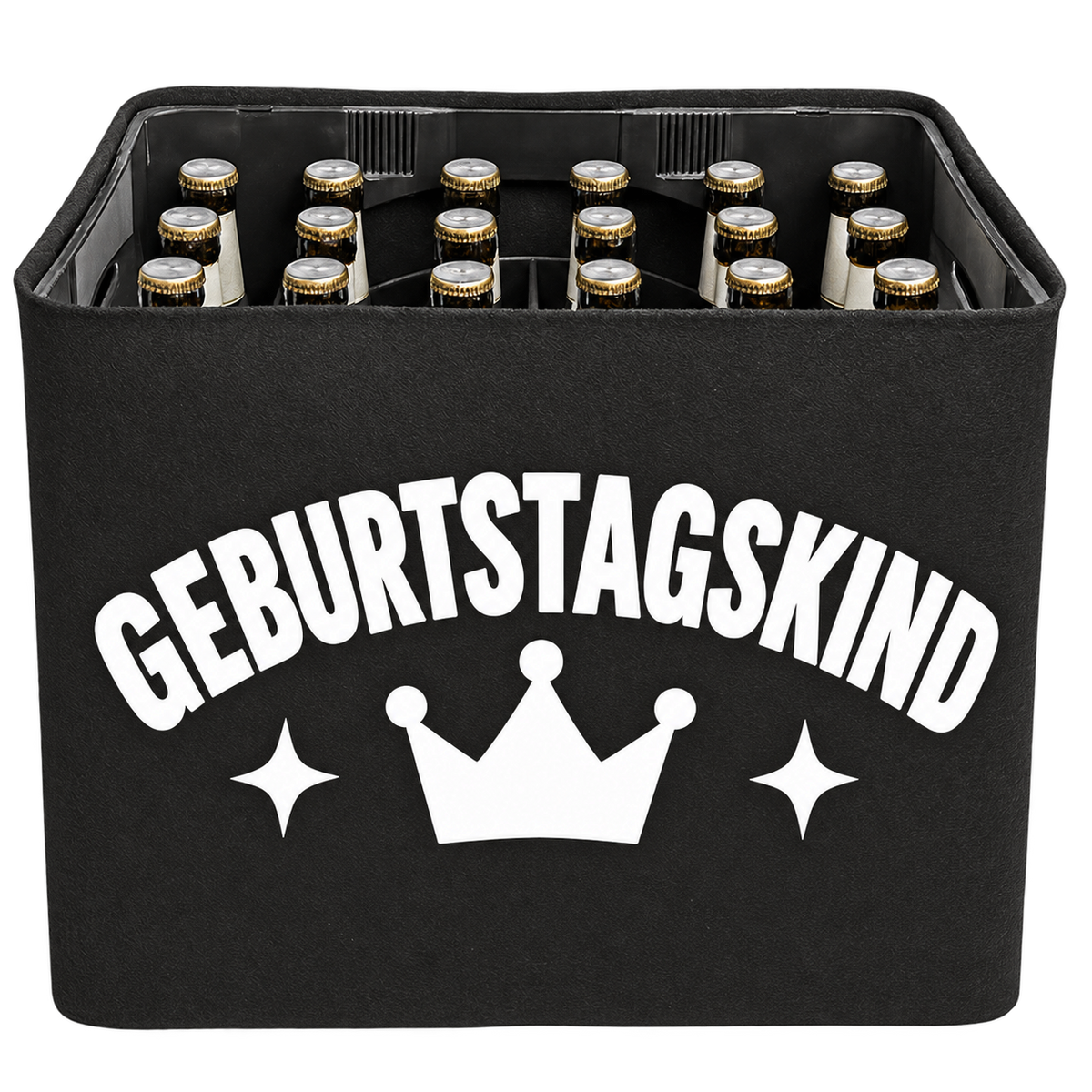 Schwarze KistenBlende mit weißem Geburtstagsmotiv „Geburtstagskind“ für Bierkästen; Ansicht für 20 × 0,5 l und 24 × 0,33 l.