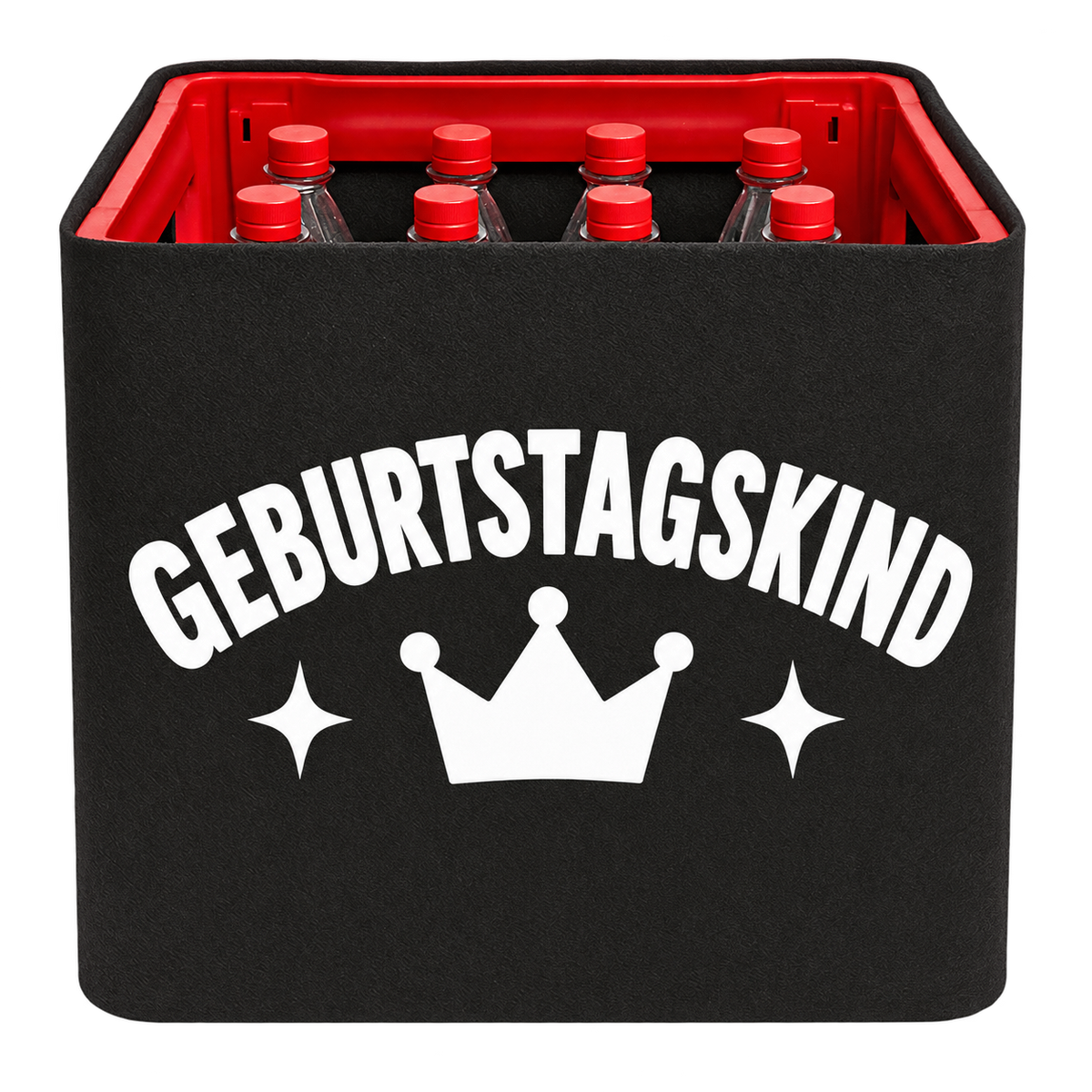 Schwarze KistenBlende für Limonadenkisten mit 12 × 1 l PET-Flaschen mit weißem Geburtstagsmotiv „Geburtstagskind“.
