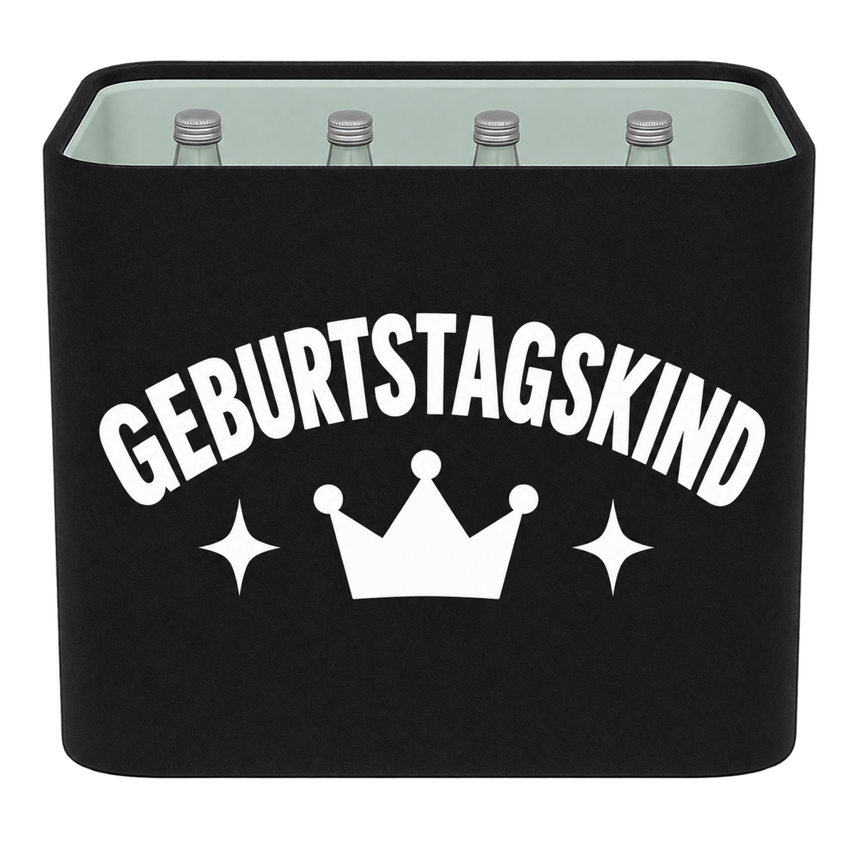 Schwarze KistenBlende für Wasserkisten mit 12 × 0,75 l Glasflaschen mit weißem Geburtstagsmotiv „Geburtstagskind“.