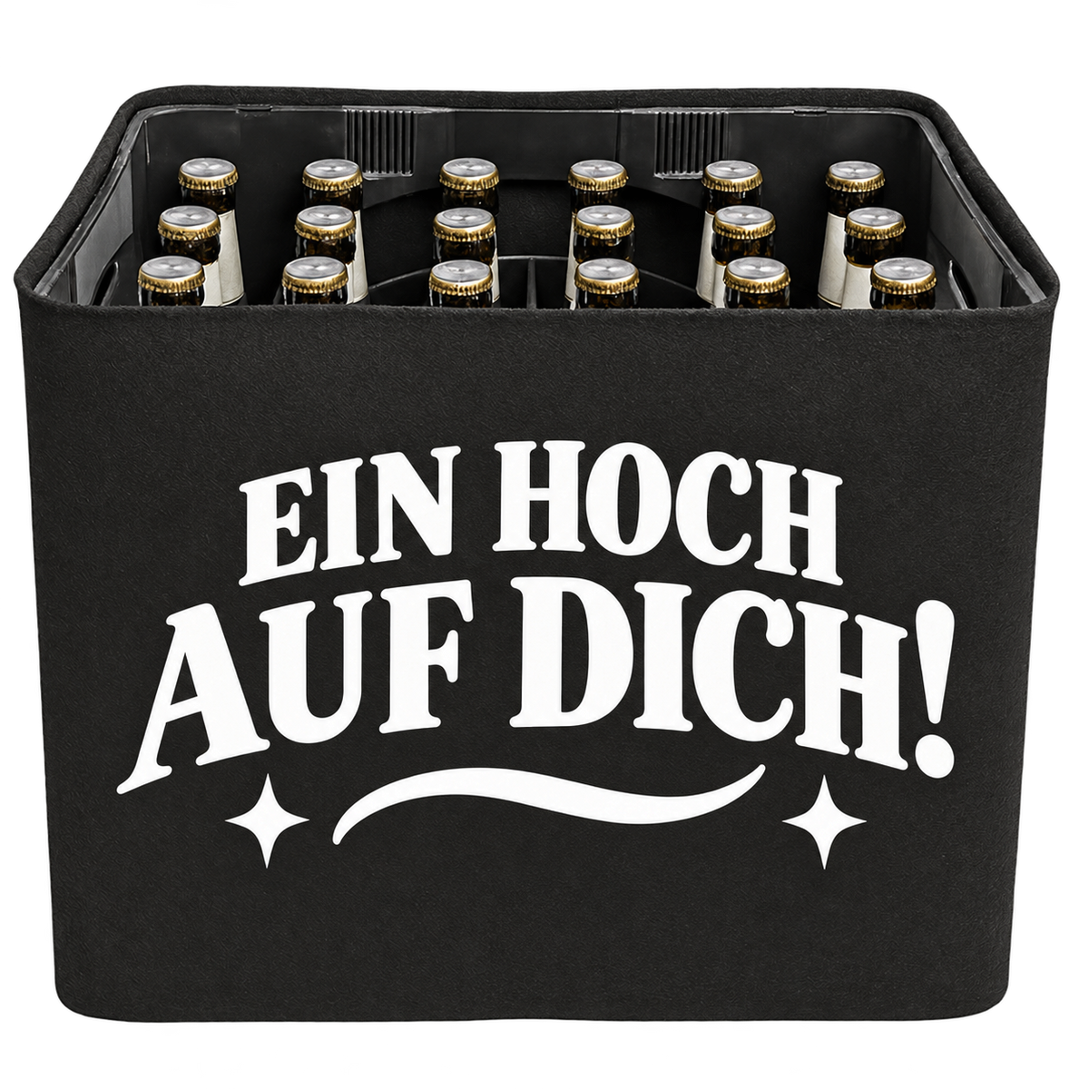 Schwarze KistenBlende mit weißem Geburtstagsmotiv „Ein Hoch auf dich!“ für Bierkästen; Ansicht für 20 × 0,5 l und 24 × 0,33 l.