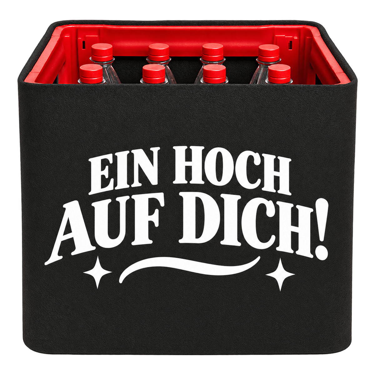 Schwarze KistenBlende für Limonadenkisten mit 12 × 1 l PET-Flaschen mit weißem Geburtstagsmotiv „Ein Hoch auf dich!“.