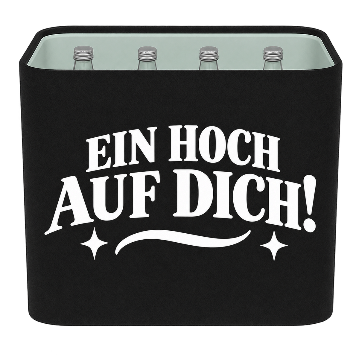 Schwarze KistenBlende für Wasserkisten mit 12 × 0,75 l Glasflaschen mit weißem Geburtstagsmotiv „Ein Hoch auf dich!“.