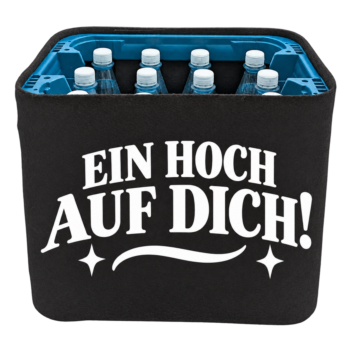 Schwarze KistenBlende für Wasserkisten mit 12 × 1 l PET-Flaschen mit weißem Geburtstagsmotiv „Ein Hoch auf dich!“.
