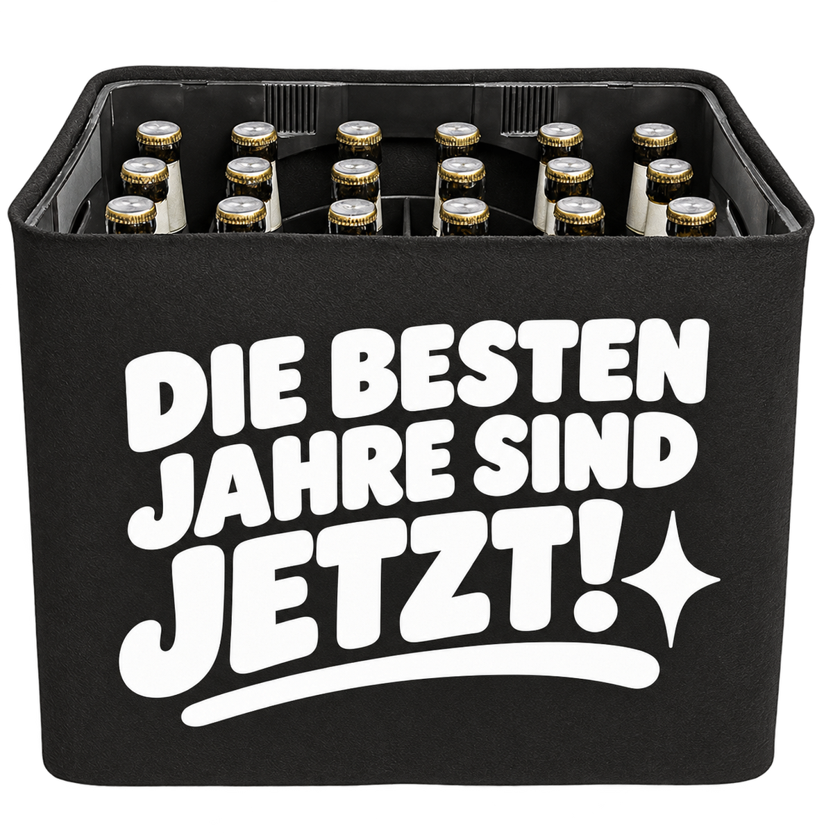 Schwarze KistenBlende mit weißem Geburtstagsmotiv „Die besten Jahre sind jetzt!“ für Bierkästen; Ansicht für 20 × 0,5 l und 24 × 0,33 l.