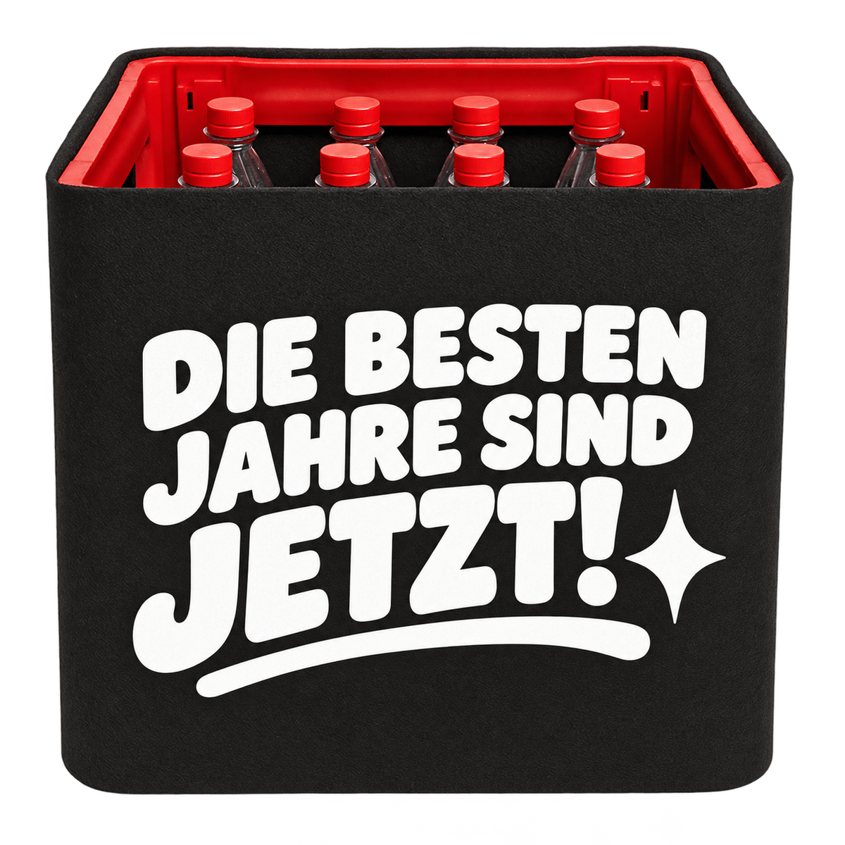 Schwarze KistenBlende für Limonadenkisten mit 12 × 1 l PET-Flaschen mit weißem Geburtstagsmotiv „Die besten Jahre sind jetzt!“.