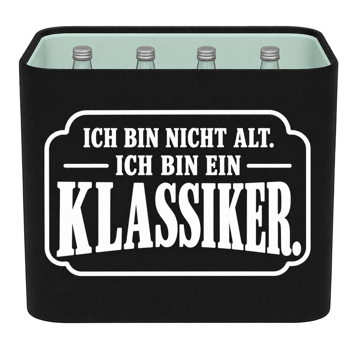 Schwarze KistenBlende für Wasserkisten mit 12 × 0,75 l Glasflaschen mit weißem Geburtstagsmotiv „Ich bin nicht alt. Ich bin ein Klassiker.“.