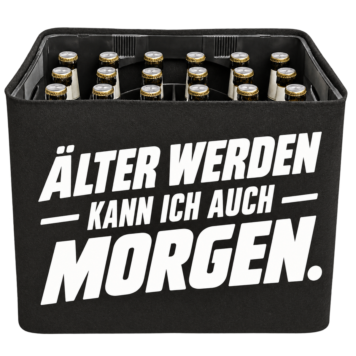 Schwarze KistenBlende mit weißem Geburtstagsmotiv „Älter werden kann ich auch morgen.“ für Bierkästen; Ansicht für 20 × 0,5 l und 24 × 0,33 l.