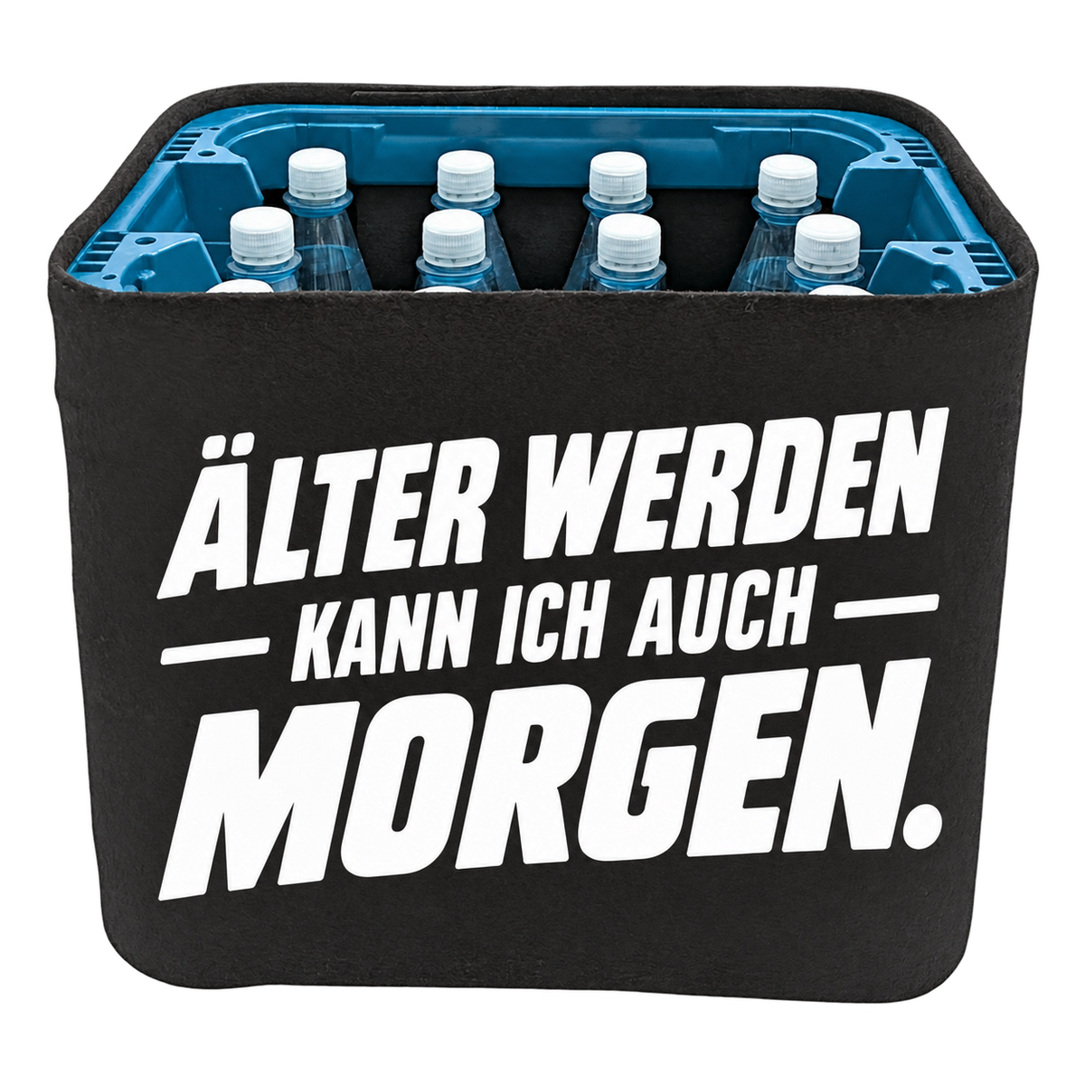 Schwarze KistenBlende für Wasserkisten mit 12 × 1 l PET-Flaschen mit weißem Geburtstagsmotiv „Älter werden kann ich auch morgen.“.