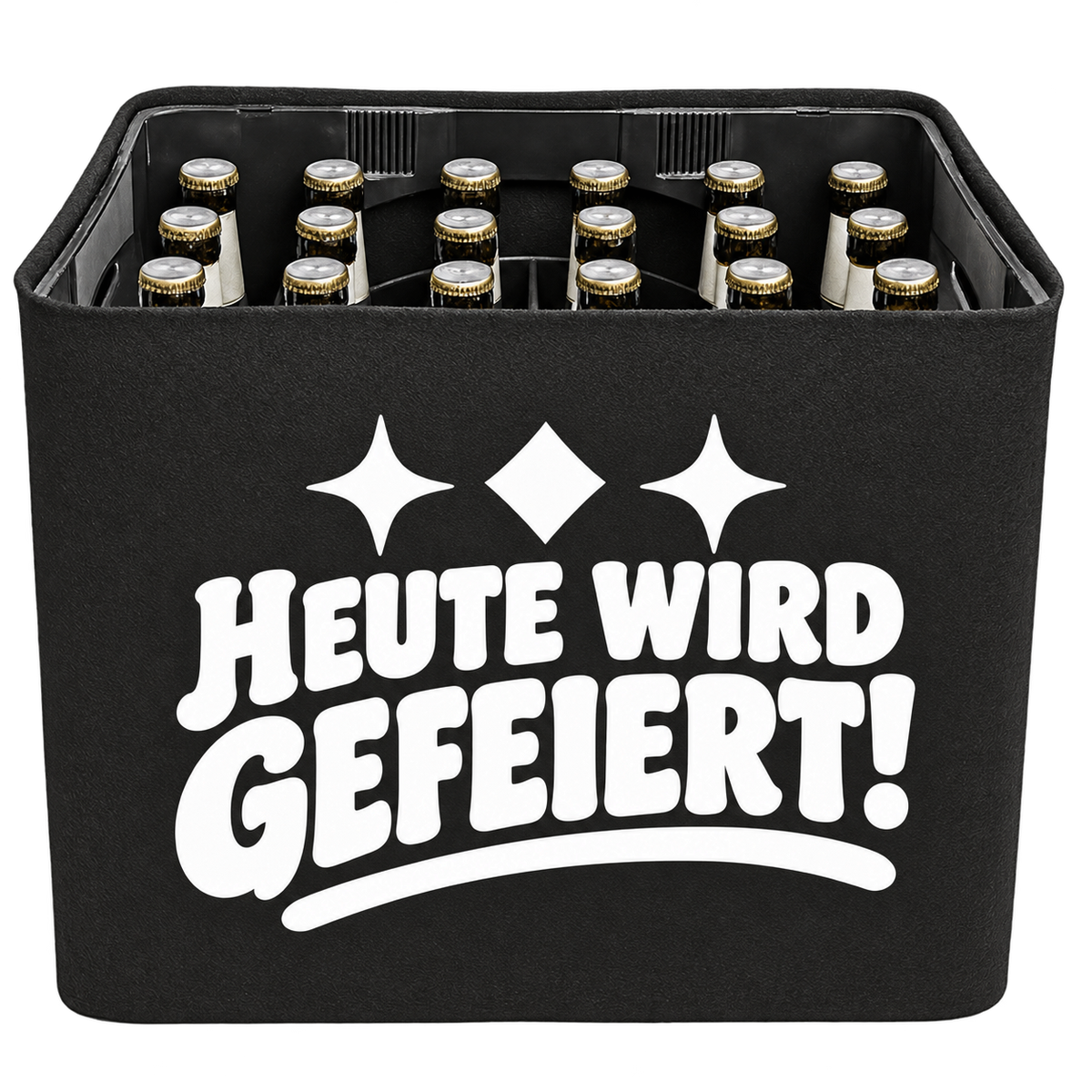 Schwarze KistenBlende mit weißem Geburtstagsmotiv „Heute wird gefeiert!“ für Bierkästen; Ansicht für 20 × 0,5 l und 24 × 0,33 l.