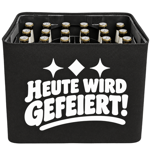 Schwarze KistenBlende mit weißem Geburtstagsmotiv „Heute wird gefeiert!“ für Bierkästen; Ansicht für 20 × 0,5 l und 24 × 0,33 l.