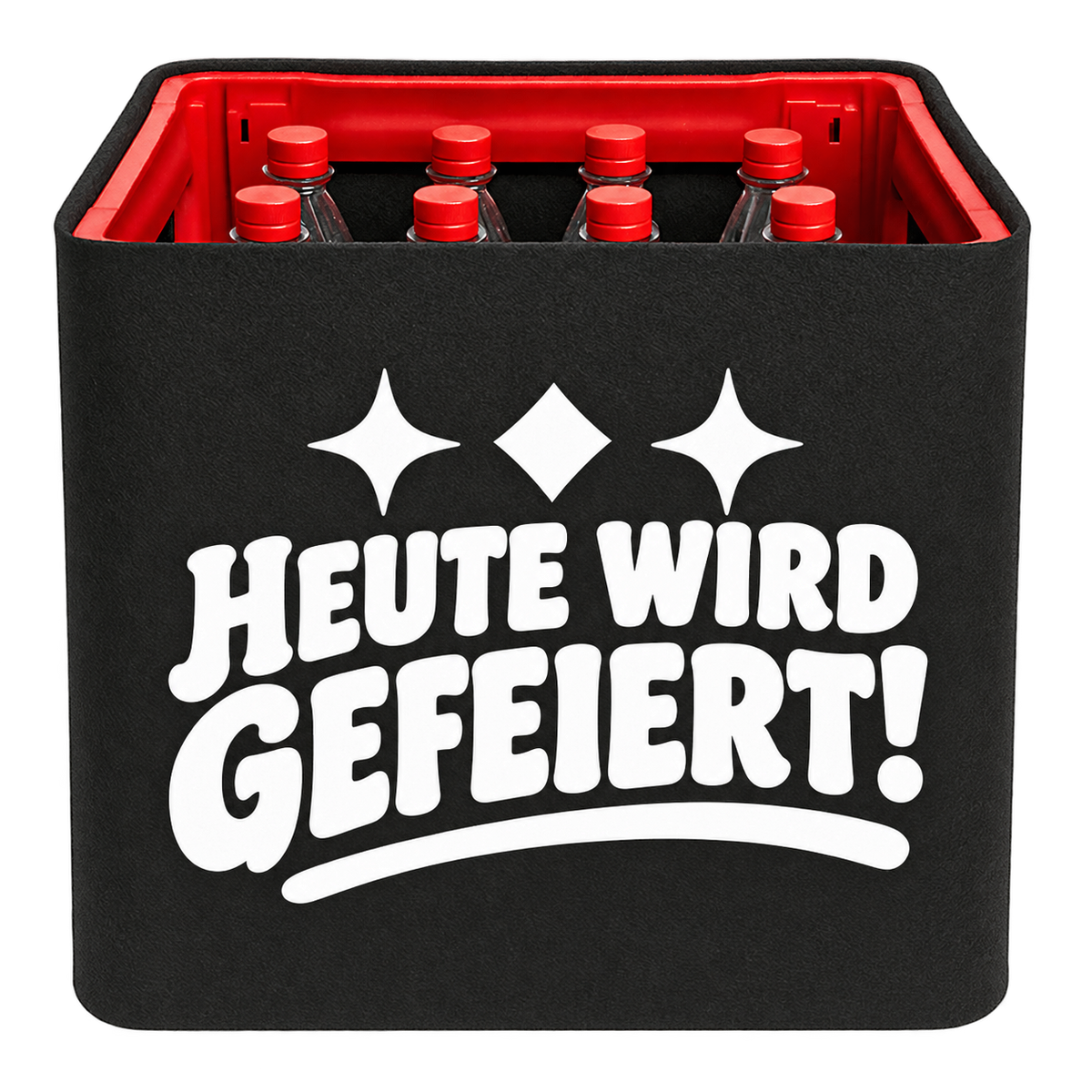 Schwarze KistenBlende für Limonadenkisten mit 12 × 1 l PET-Flaschen mit weißem Geburtstagsmotiv „Heute wird gefeiert!“.