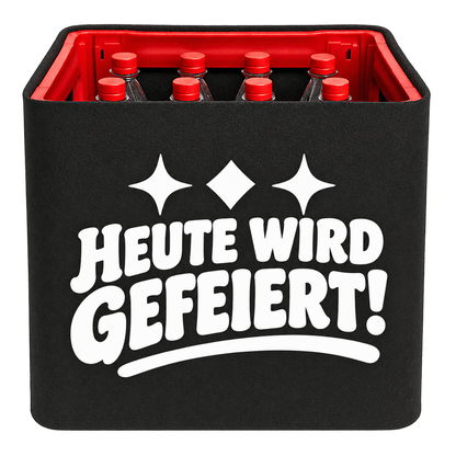 Schwarze KistenBlende für Limonadenkisten mit 12 × 1 l PET-Flaschen mit weißem Geburtstagsmotiv „Heute wird gefeiert!“.