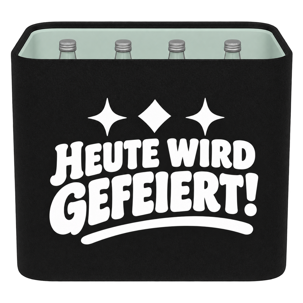 Schwarze KistenBlende für Wasserkisten mit 12 × 0,75 l Glasflaschen mit weißem Geburtstagsmotiv „Heute wird gefeiert!“.
