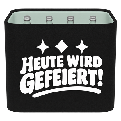 Schwarze KistenBlende für Wasserkisten mit 12 × 0,75 l Glasflaschen mit weißem Geburtstagsmotiv „Heute wird gefeiert!“.