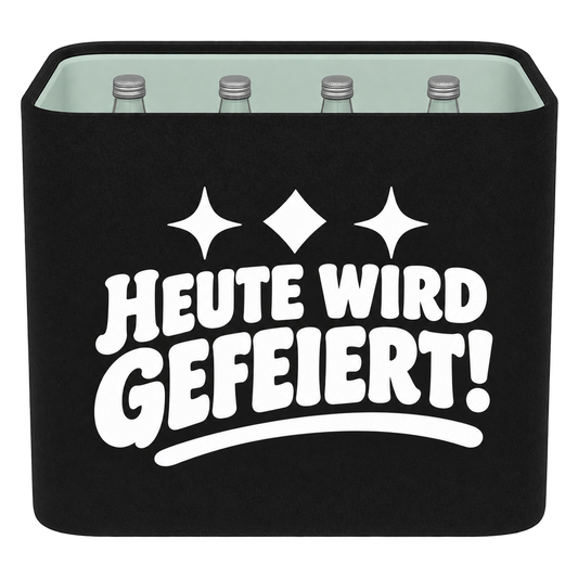 Schwarze KistenBlende für Wasserkisten mit 12 × 0,75 l Glasflaschen mit weißem Geburtstagsmotiv „Heute wird gefeiert!“.