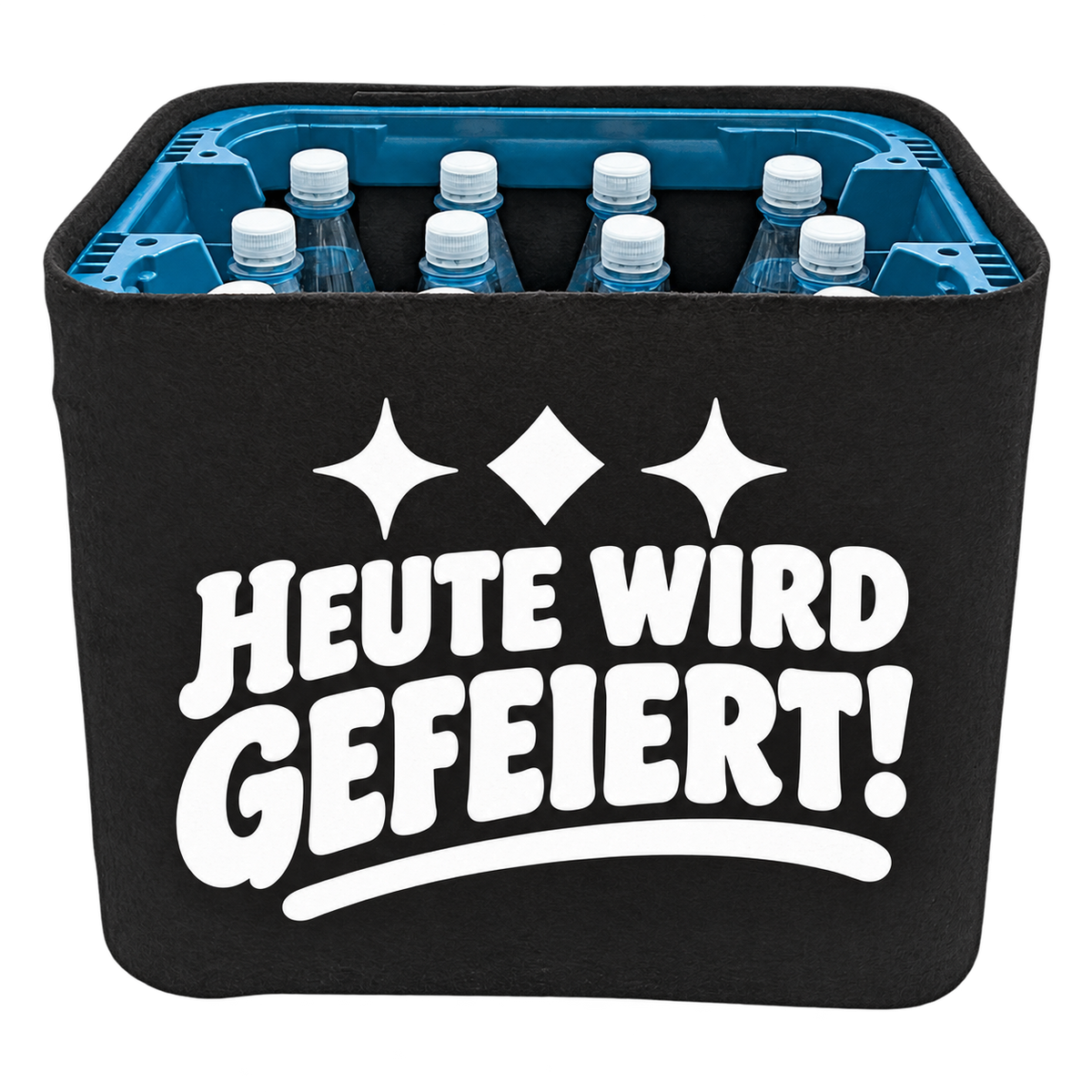 Schwarze KistenBlende für Wasserkisten mit 12 × 1 l PET-Flaschen mit weißem Geburtstagsmotiv „Heute wird gefeiert!“.