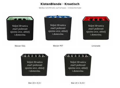 Kroatisches KistenBlende-Motiv „Voljeti Hrvaticu“ – Übersicht aller fünf Kistenformate.