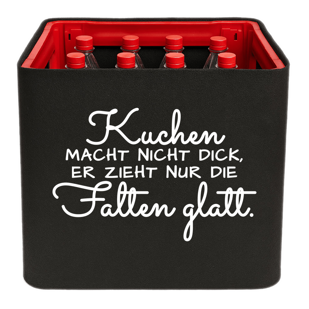 Schwarze KistenBlende mit weißem Spruch „Kuchen macht nicht dick, er zieht nur die Falten glatt.“ – Limonade.