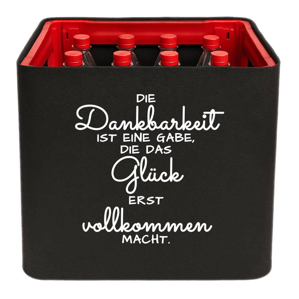 Schwarze KistenBlende mit weißem Spruch „Die Dankbarkeit ist eine Gabe, die das Glück erst vollkommen macht.“ – Limonade.