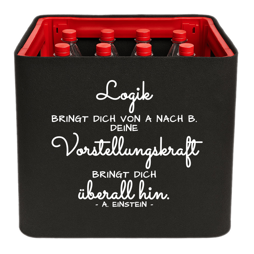Schwarze KistenBlende mit weißem Spruch „Logik bringt dich von A nach B. Deine Vorstellungskraft bringt dich überall hin. — A. Einstein“ – Limonade.