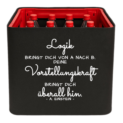 Schwarze KistenBlende mit weißem Spruch „Logik bringt dich von A nach B. Deine Vorstellungskraft bringt dich überall hin. — A. Einstein“ – Limonade.