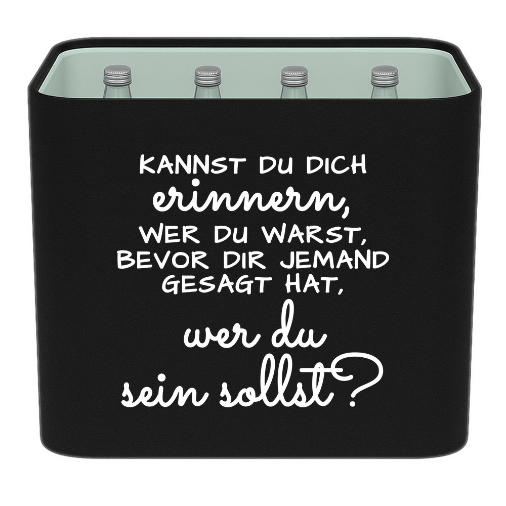 KistenBlende mit dem Spruch „Kannst du dich erinnern, wer du warst, bevor dir jemand gesagt hat, wer du sein sollst?“ – Wasserkiste 12 × 0,75 l Glas