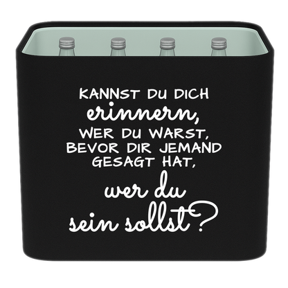 KistenBlende mit dem Spruch „Kannst du dich erinnern, wer du warst, bevor dir jemand gesagt hat, wer du sein sollst?“ – Wasserkiste 12 × 0,75 l Glas