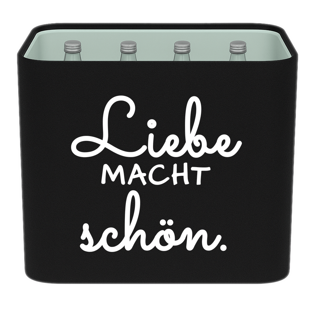 KistenBlende mit dem Spruch „Liebe macht schön.“ – Wasserkiste 12 × 0,75 l Glas